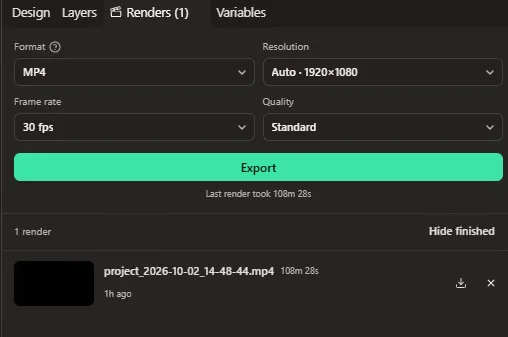 Окно экспорта HyperFrames: финальный рендер занял 108 минут 28 секунд